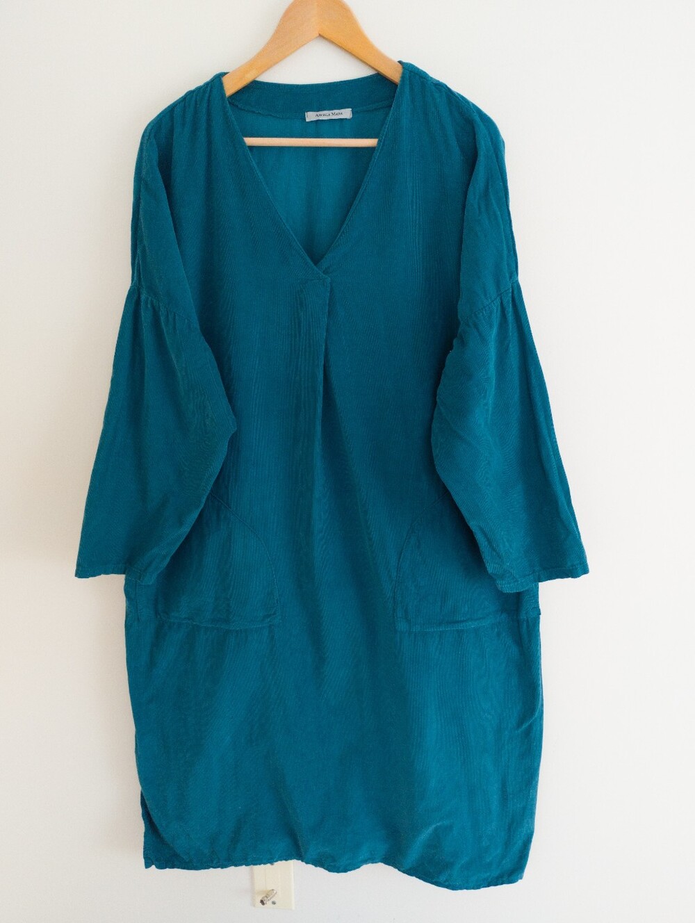 Angela Mara Made in Italy Fine Corduroy V-Neck Tunic Dress Teal Pocket